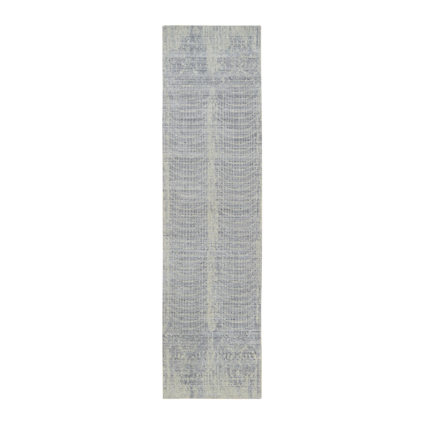 2'6"x10' Gray, Wool And Plant Based Silk, Tone On Tone Transitional Erased Design, Jacquard Hand Loomed, Oriental, Runner Rug 